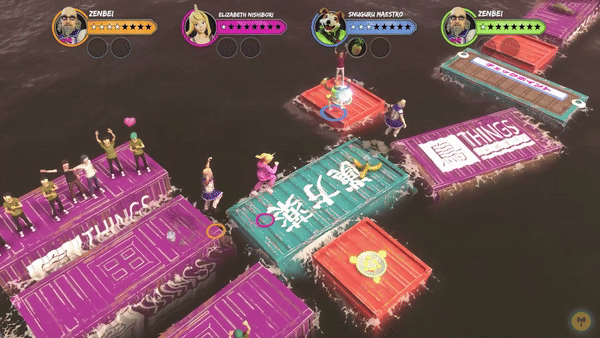 Colorful game scene with characters jumping on floating platforms. Players' names and stats at the top. Platforms have bright, bold text. Energetic mood.