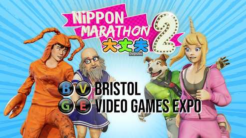 4 colourful characters are on a bright blue backsrop with text nippon marathon 2: daijoubu text logo on screen