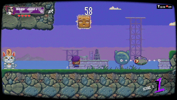 gameplay of pixel game where girl in purple beret is jumping on an enemy cat