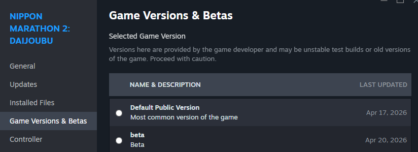 Game menu screen listing "Game Versions & Betas." Options include "Default Public Version" and "beta," with update dates in April 2026.