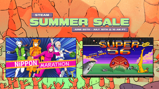 Collage of colorful game art for "Nippon Marathon" and "Super 56" with "Steam Summer Sale" text