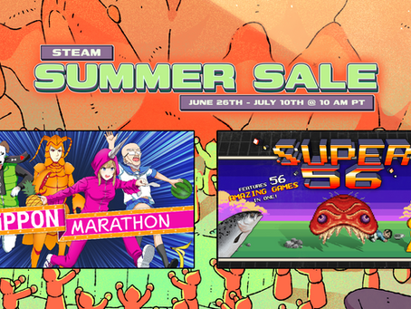Collage of colorful game art for "Nippon Marathon" and "Super 56" with "Steam Summer Sale" text
