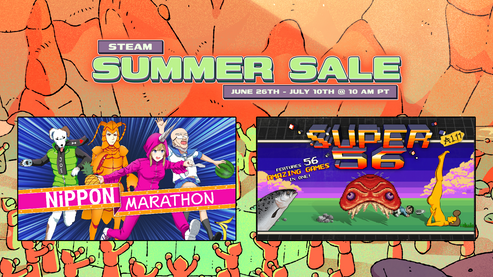 Collage of colorful game art for "Nippon Marathon" and "Super 56" with "Steam Summer Sale" text
