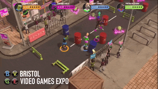 Colorful video game scene with characters dodging barrels on a street. Neon effects and "Bristol Video Games Expo" text visible in corner.