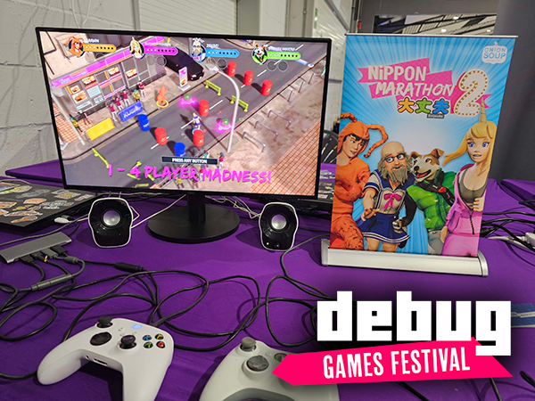 Gaming setup featuring a monitor displaying a colorful game with "1-4 Player Madness" text, controllers, and "Nippon Marathon 2" poster.