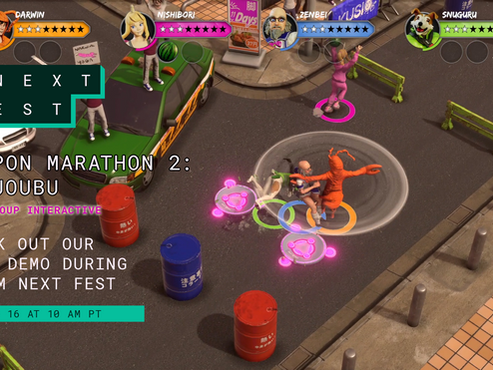 Video game screenshot of colorful characters racing on a city street, dodging barrels. Text: "Nippon Marathon 2" and "Steam Next Fest."