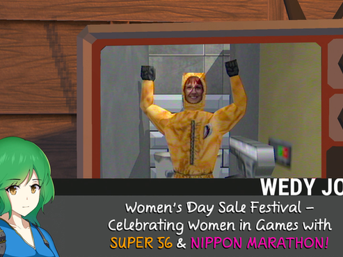 A promotional image for the Women's Day Sale Festival featuring Wedy Jones from Nippon Marathon. The image includes a TV screen showing a character in a yellow hazard suit with a real-life face edited onto it, raising their arms in celebration. In the foreground, an anime-style character with green hair is shown. The text overlay reads: "Women's Day Sale Festival – Celebrating Women in Games with SUPER 56 & NIPPON MARATHON!