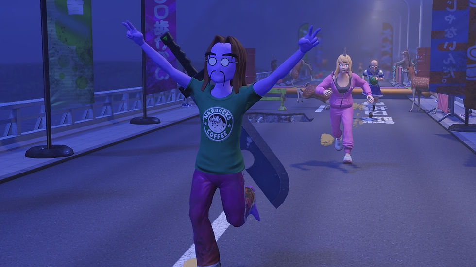 Character in glasses, green shirt reading "Narbucks Coffee," raises arms while running on a bridge at night. Others chase behind, amid neon signs.