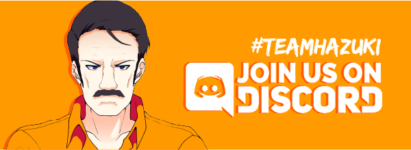 smart looking contestant on an orange background. text says #teamhazuki and join our discord