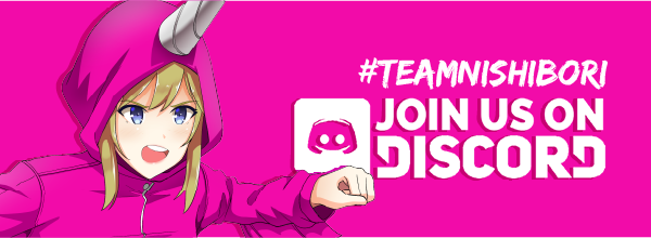 contestant dressed in a pink tracksuit on an pink background. text says #teamnishibori and join our discord