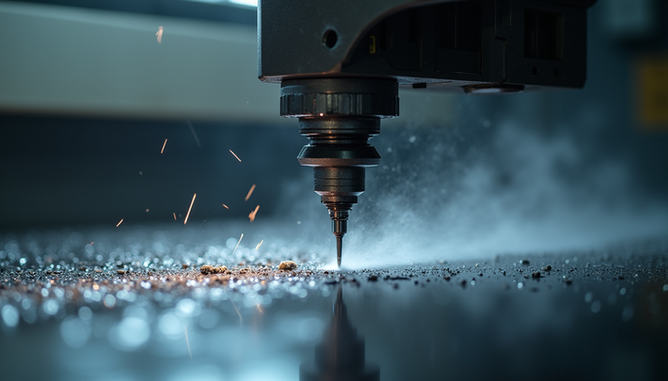 תצוגת מקרוב של כלי חיתוך CNC עם נוזל קירור בפעולה