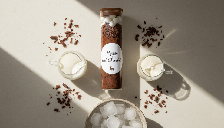 Overhead view of Hygge hot chocolate ingredients arranged with milk, cream and ice.