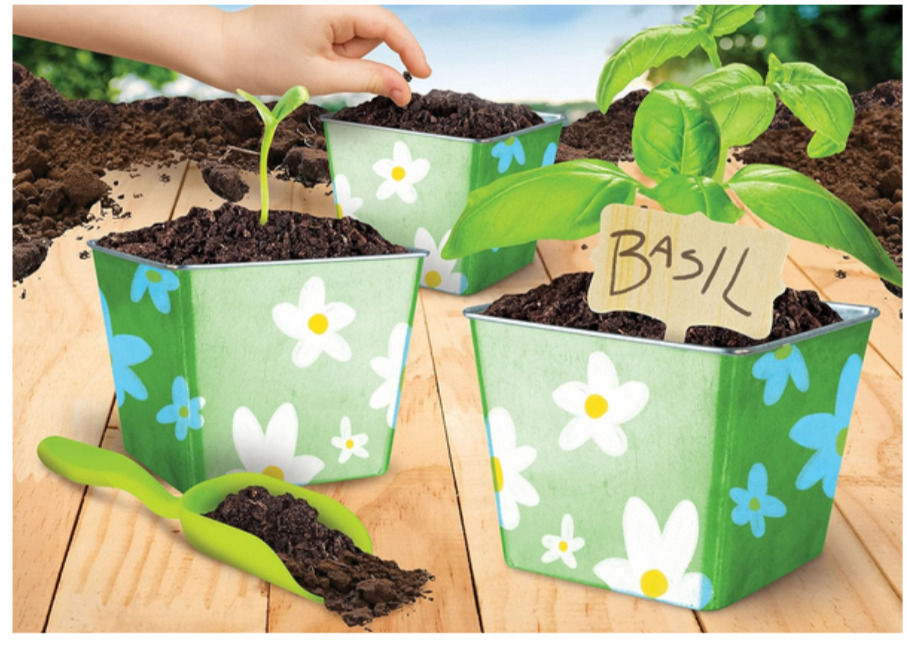 A hand plants seeds in floral pots on wooden surface. One pot labeled "Basil." A green scoop with soil lies nearby, evoking growth.