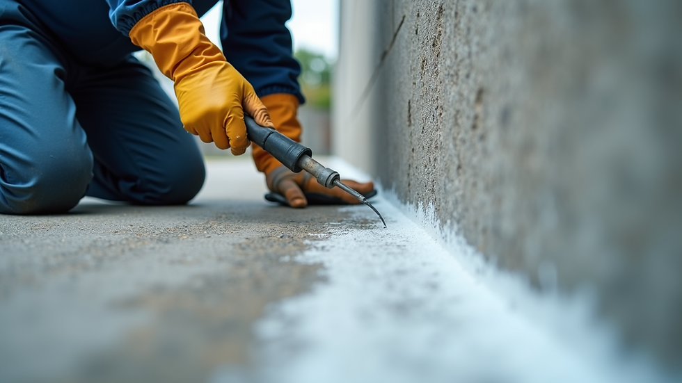 Eye-level view of waterproofing technician applying sealant on a concrete wall