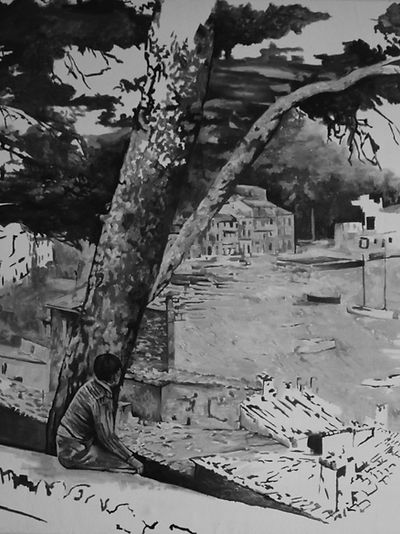 El patrimonio, la historia y el pasado son los temas que influyen en mi obra. A través de las pinturas con paletas reducidas a grises muestro y explico el patrimonio olvidado de nuestra isla, el de las fotografías perdidas de un paisaje desaparecido. Pintura a partir de una fotografia de los años 30 en el Puerto de Sóller.