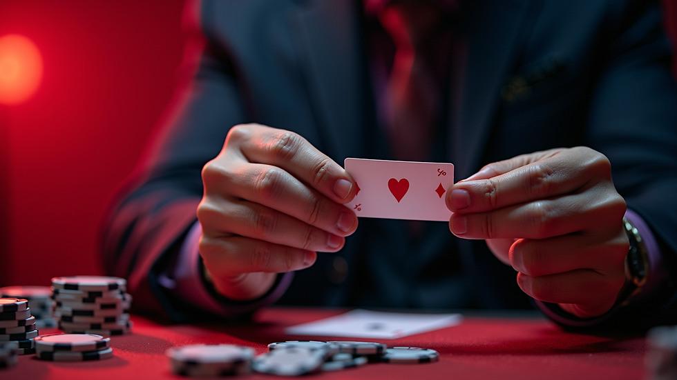 Close-up view of magician performing card trick with vibrant lighting