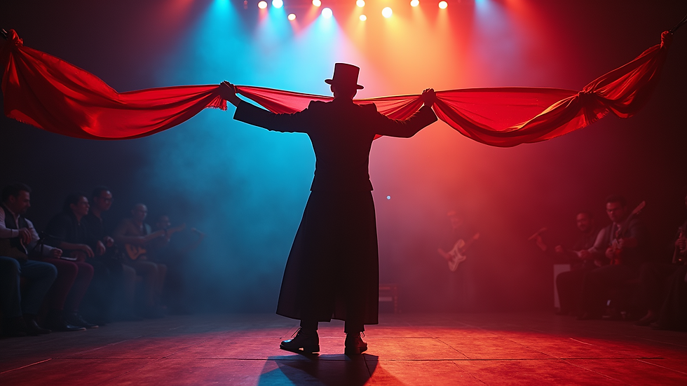 Eye-level view of magician performing colorful scarf trick on stage