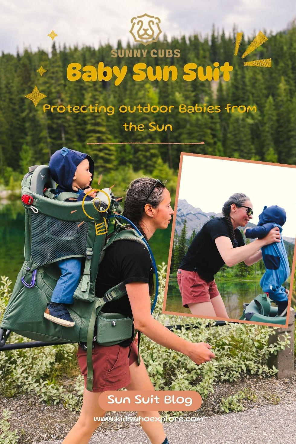 Mother hikes with baby in a backpack carrier in a forest; inset shows a blue sun suit. Text: Sunny Cubs Baby Sun Suit