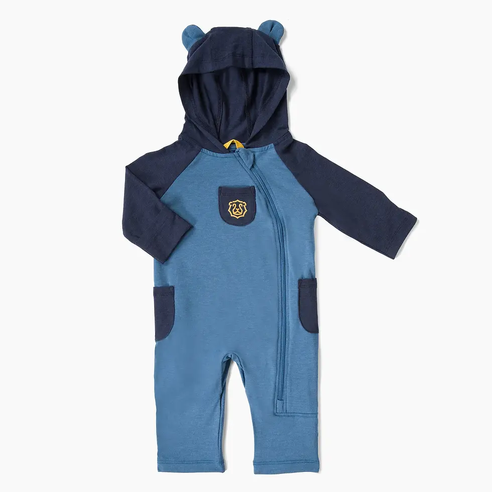 Blue and navy baby hooded romper with bear ears, zipper front, and chest logo, laid flat on a white background