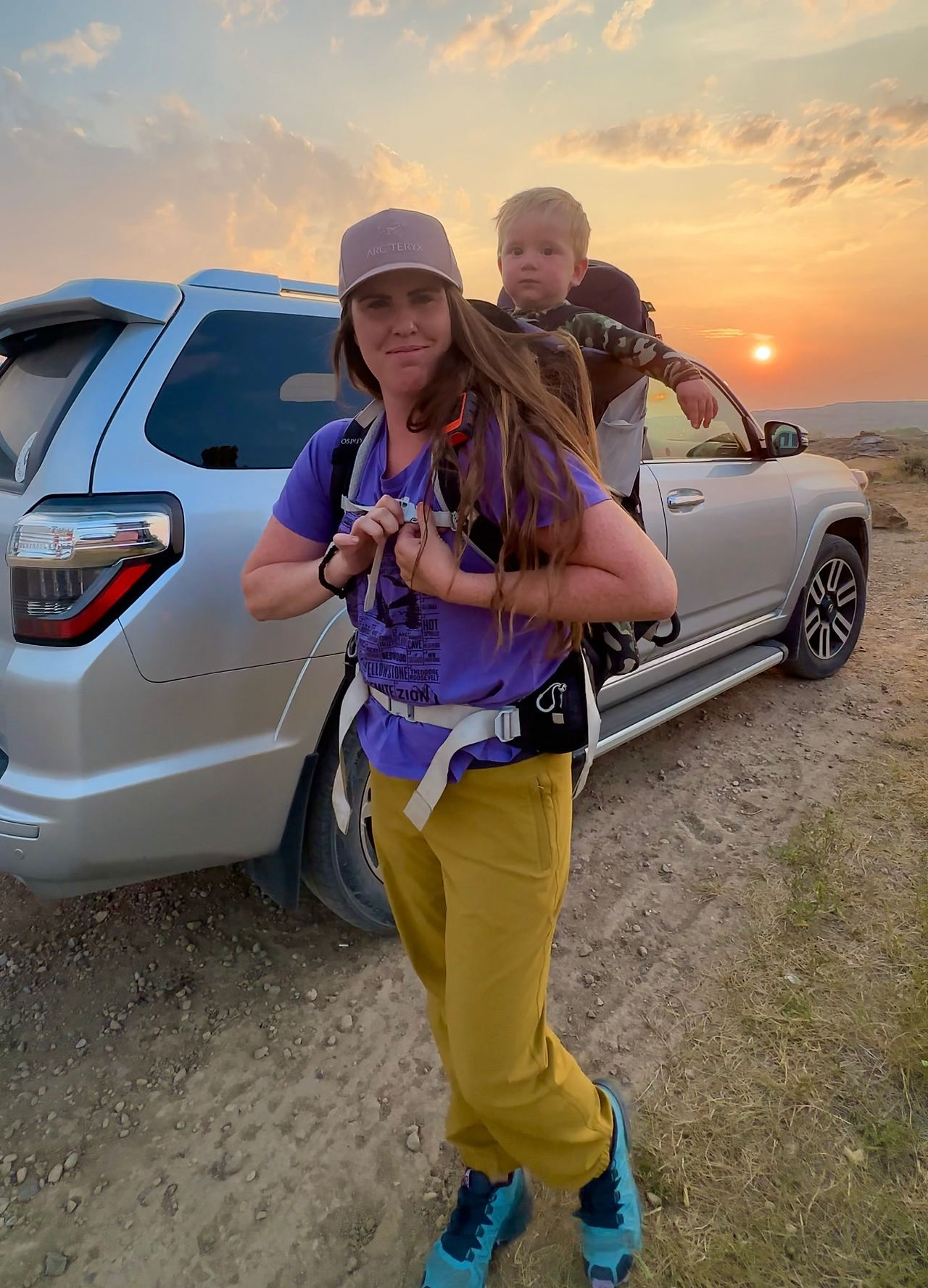 4runner driving to a hike with mom and baby