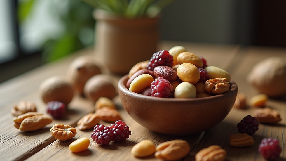 Eye-level view of a small bowl of mixed nuts and dried fruits on a wooden table