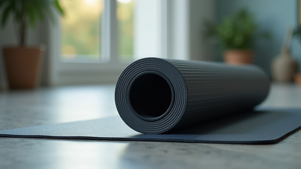 Close-up view of a foam roller and stretching mat on the floor