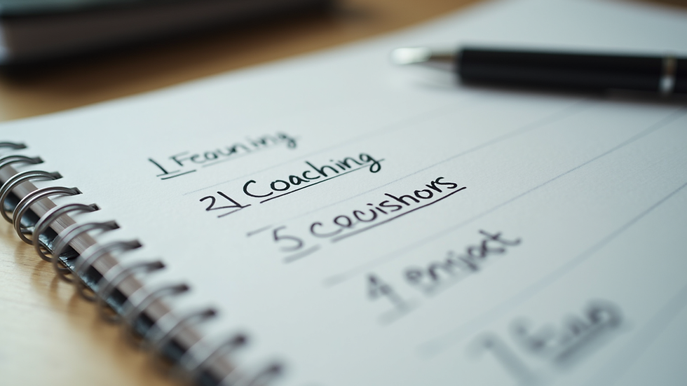 Close-up view of a notebook with coaching questions written down