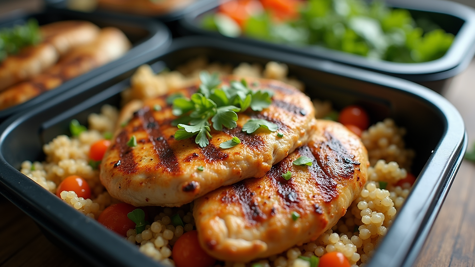 Eye-level view of a meal prep container with grilled chicken, quinoa, and steamed vegetables