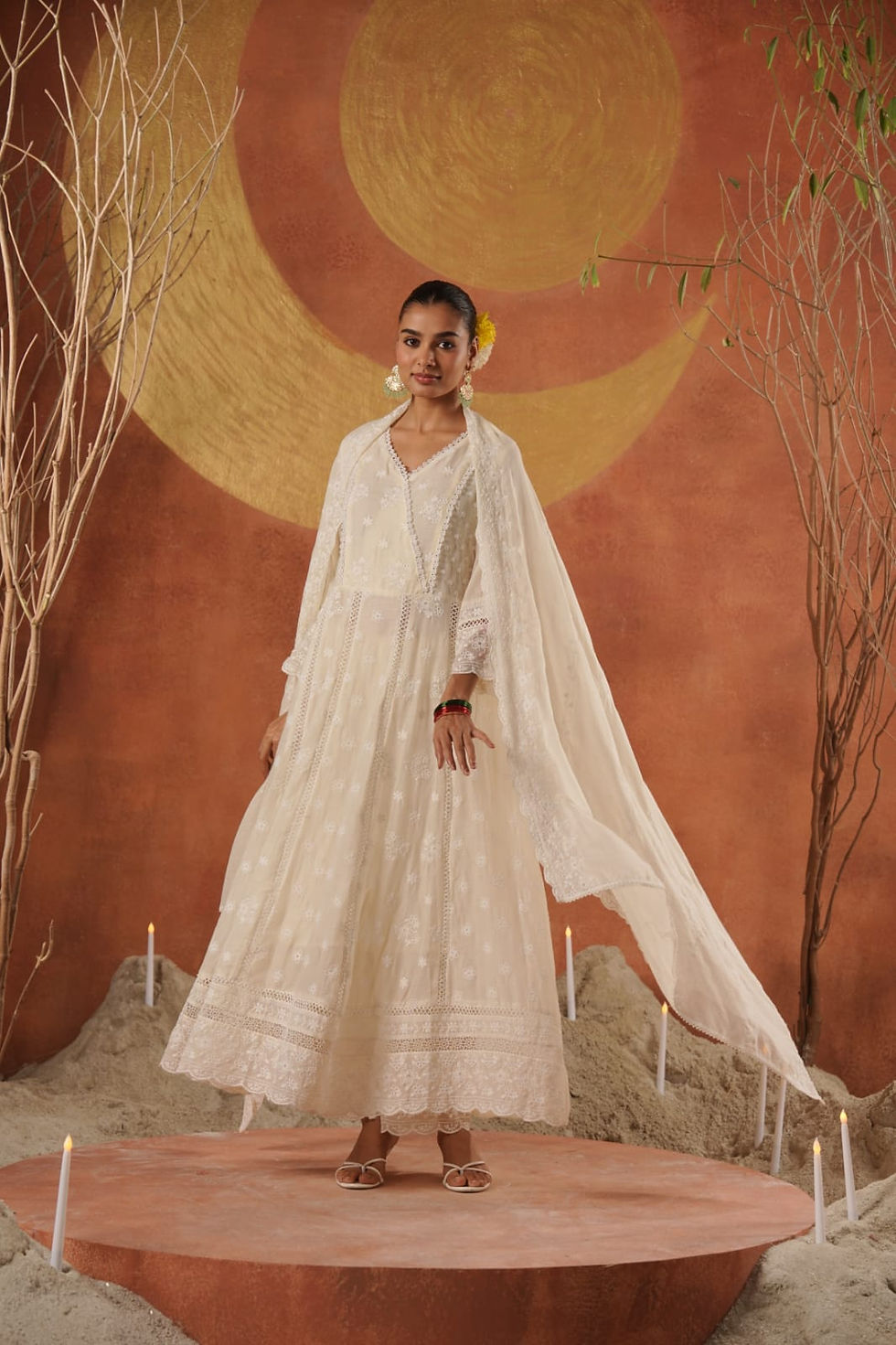Thumbnail: Off white lucknowi mul cotton fabric Anarkali gown 