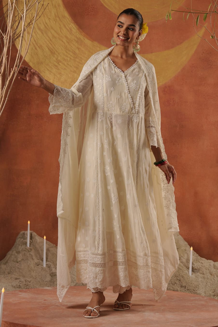 Thumbnail: Off white lucknowi mul cotton fabric Anarkali gown 