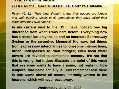 Wednesday, July 20, 2022, "The Highest Name"