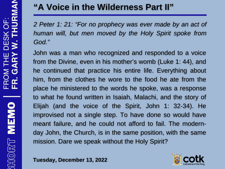 Tuesday, December 13, 2022 "A Voice in the Wilderness Part II"