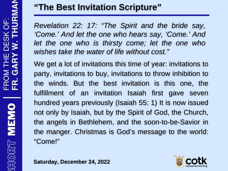 Saturday, December 24, 2022, "The Best Invitation Scripture"