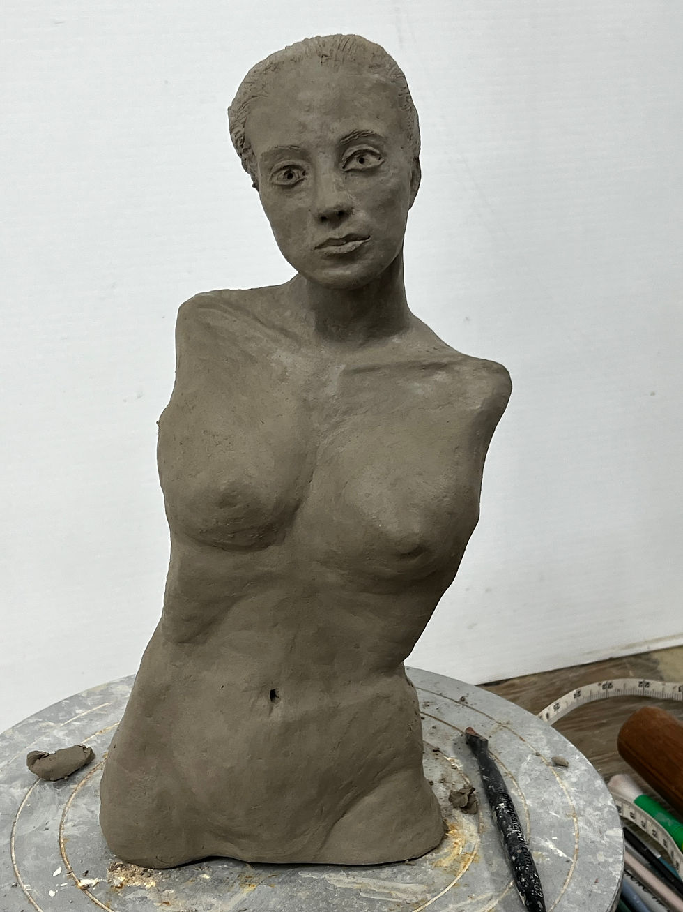 Female Torso in water based clay from an on-line workshop with Cristina Cordova. I didn't get to do the live video, but I watched Cristina demonstrate how to do it. It's created from clay slabs using Cristina's pattern. If I can learn to utilize this technique, it will lower my production costs significantly.