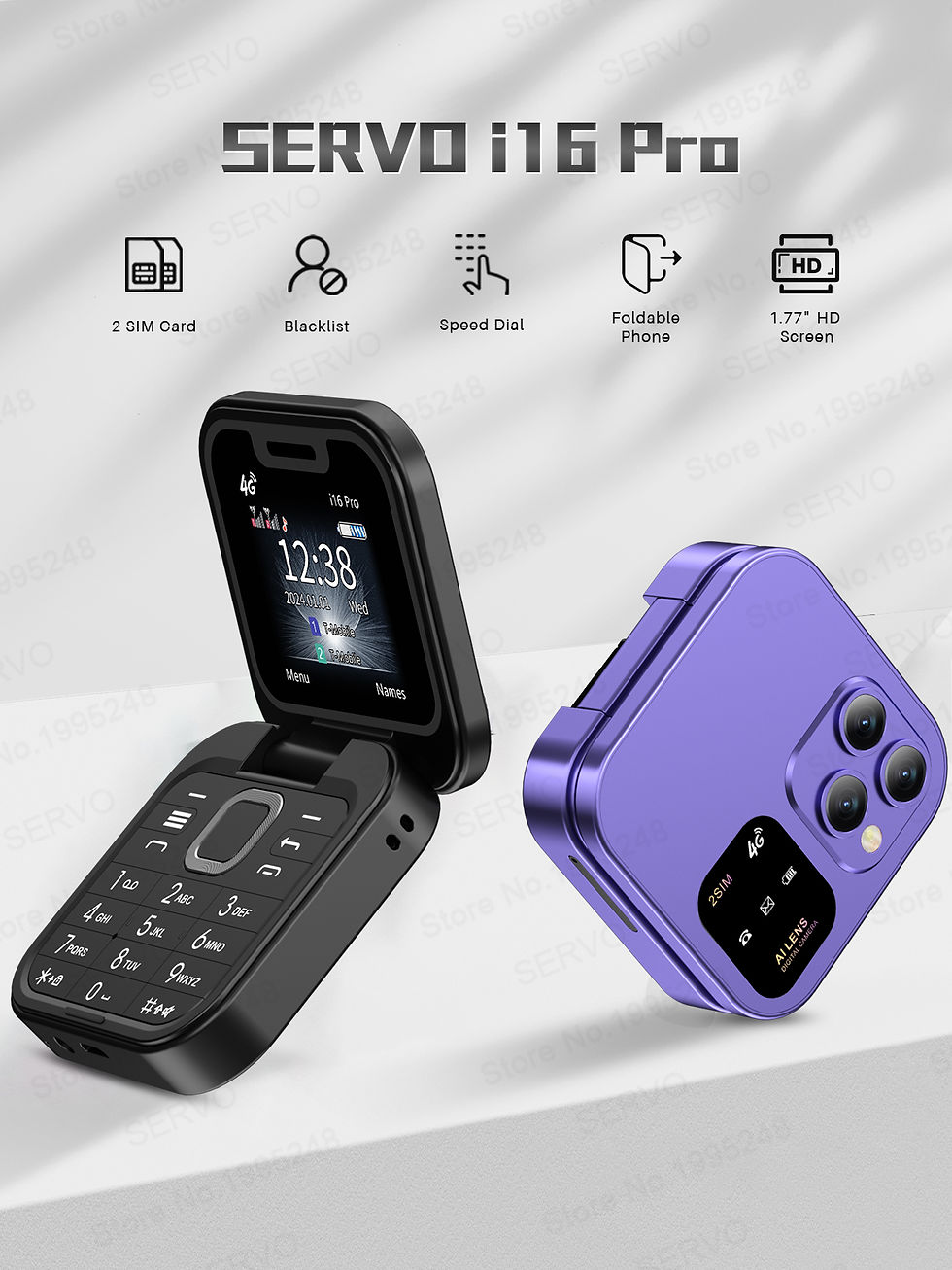Thumbnail: SERVO i16 PRO 4G LTE Mini Flip Mobile Phone Dual SIM Standby Call Recording Spee