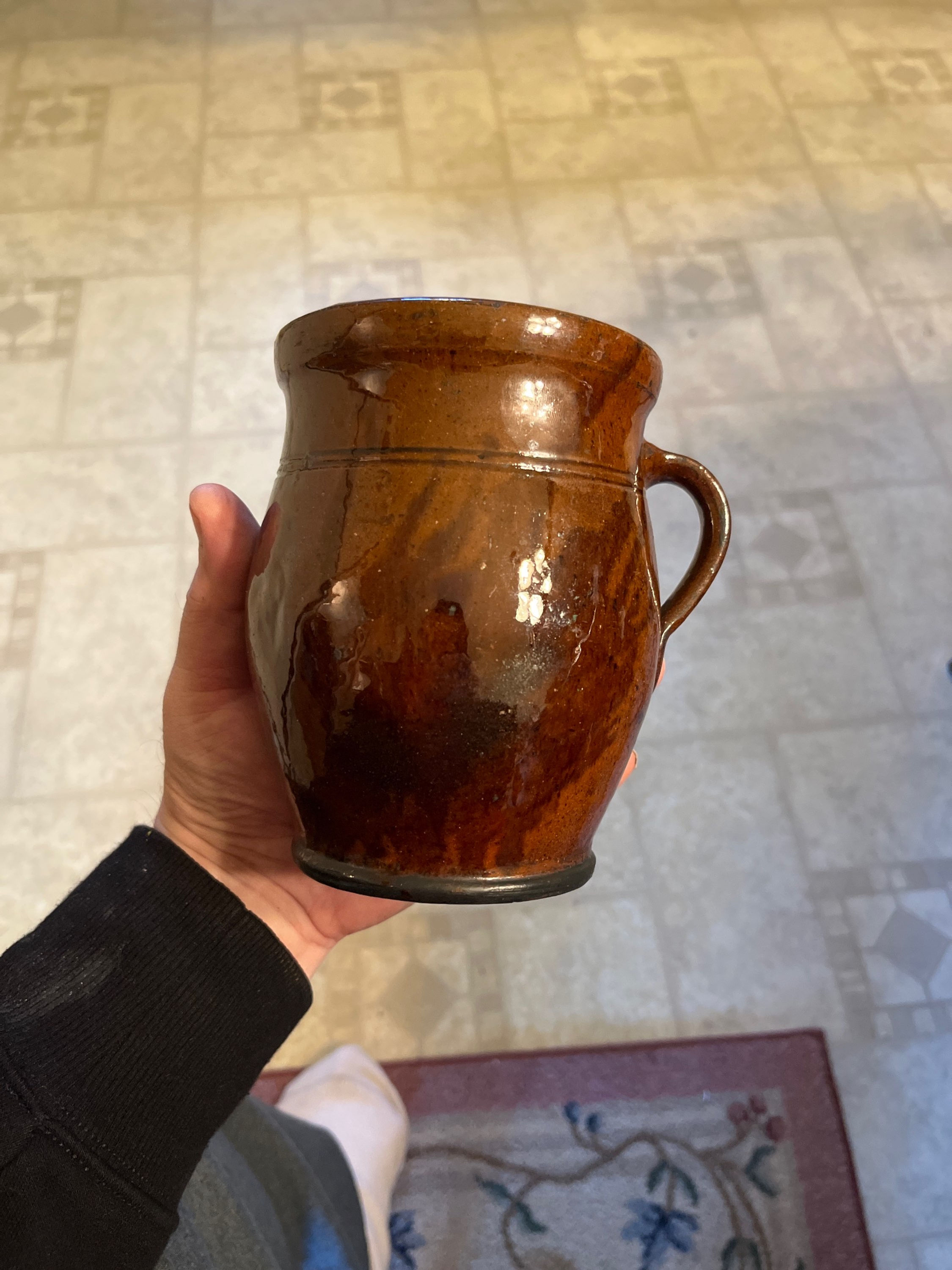 Early 19th century Pa . Slip decorated Red-ware cooking pot super folky 