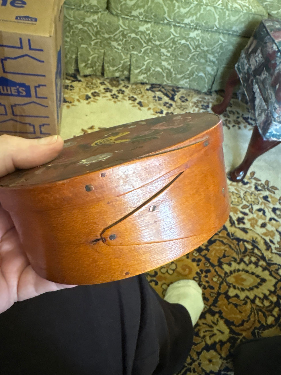 Thumbnail: Fingered and painted folk art pantry box copper tacks mid 19th century 