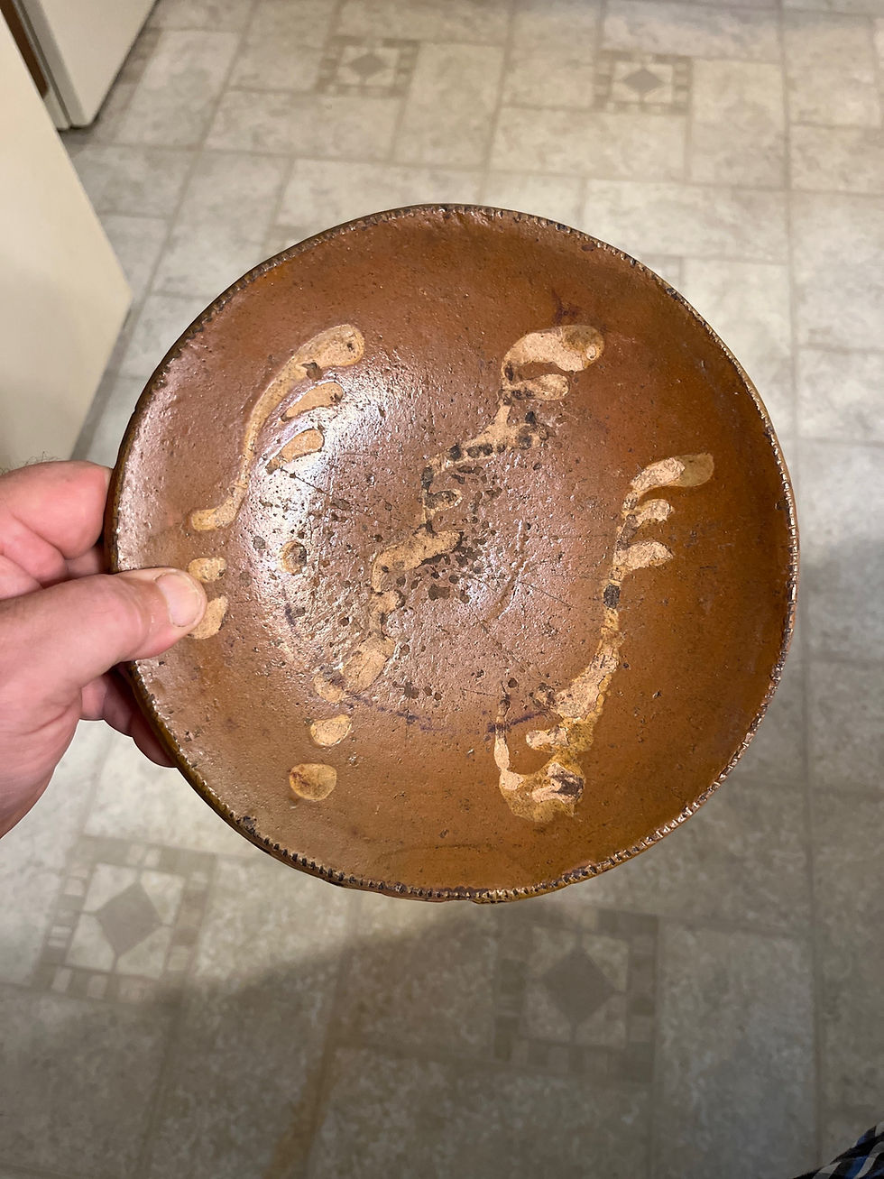 Thumbnail: Redware slip decorated dish 8 3/4 diameter lots of wear 