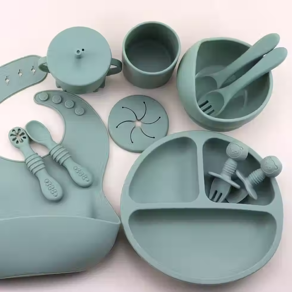 Thumbnail: 12PCS Baby Feeding Set with Divided Plate, Sippy Cup & Bib