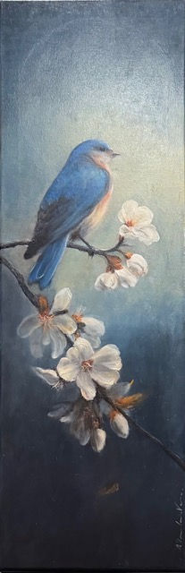 Oil Painting | Original Art | 12x36 | Bluebirds | A Quiet Arrival