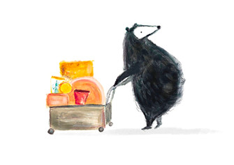 Badger pushing a trolley of cheese, from my book Smelly Town.