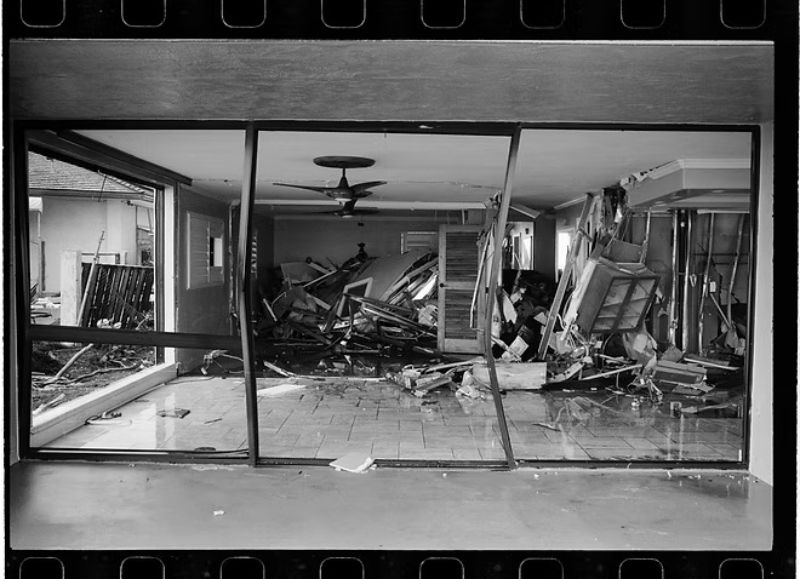 Hurricane recovery on Kauai showing severe storm damage inside a home after Hurricane Lowell.