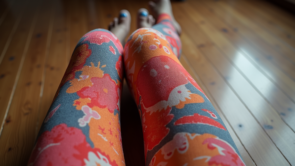 Close-up view of colorful leggings with abstract patterns laid out on a wooden floor