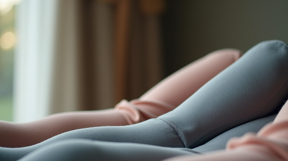 Close-up view of folded petite activewear leggings and tops