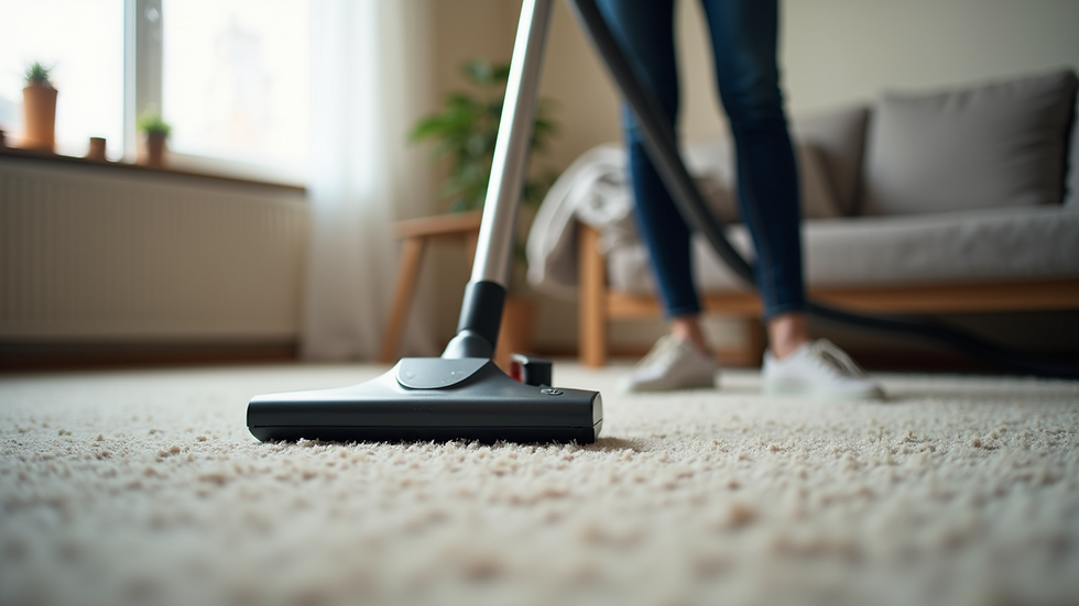 Close-up view of a professional cleaner vacuuming a carpet in a living room