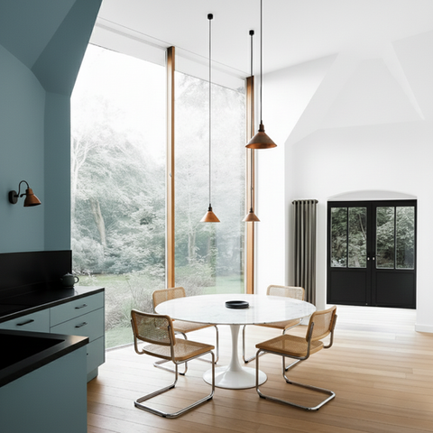Salle à manger lumineuse avec cuisine ouverte dans un appartement souplex réhabilité à Paris.