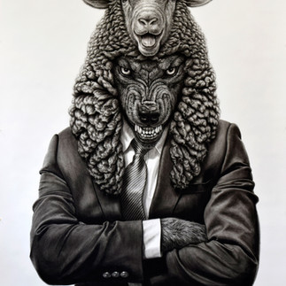 Valeriu Mladin, Political Bestiary, charcoal drawing on paper, 200 x 150 cm; monumental works depicting hybrid figures with human bodies and animal heads, part of a critical and allegorical series exploring political power, identity, and social satire.