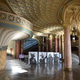 Eight works from Valeriu Mladin’s Political Bestiary series, exhibited at the SHARP Festival organized by pianist Daniel Ciobanu at the Romanian Athenaeum in Bucharest; monumental charcoal drawings with hybrid figures, conceived as a striking visual contrast and an unexpected dialogue with the neoclassical architecture of the grand building.