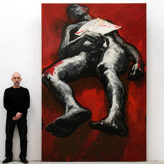 Valeriu Mladin – proiect „Zece ani după”, Muzeul Național de Artă al României, 1999, pictură monumentală și sculpturi organice, arta memorială dedicată martirilor Revoluției, jertfă colectivă și sacrificiu. Valeriu Mladin – project “Ten Years After”, National Museum of Art of Romania, 1999, monumental painting and organic sculptures, memorial art dedicated to the martyrs of the Revolution, collective sacrifice and devotion.