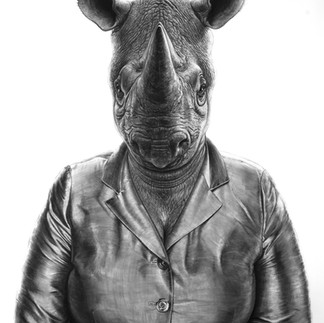 Valeriu Mladin, Political Bestiary, charcoal drawing on paper, 200 x 150 cm; monumental works depicting hybrid figures with human bodies and animal heads, part of a critical and allegorical series exploring political power, identity, and social satire.